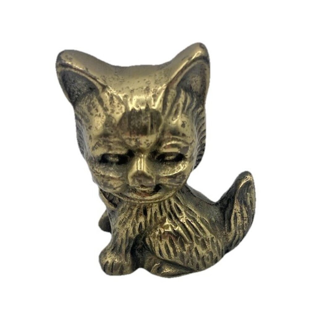 Vintage Brass Cat Figurine 2.75" Small Feline Paperweight Animal Sculpture Home